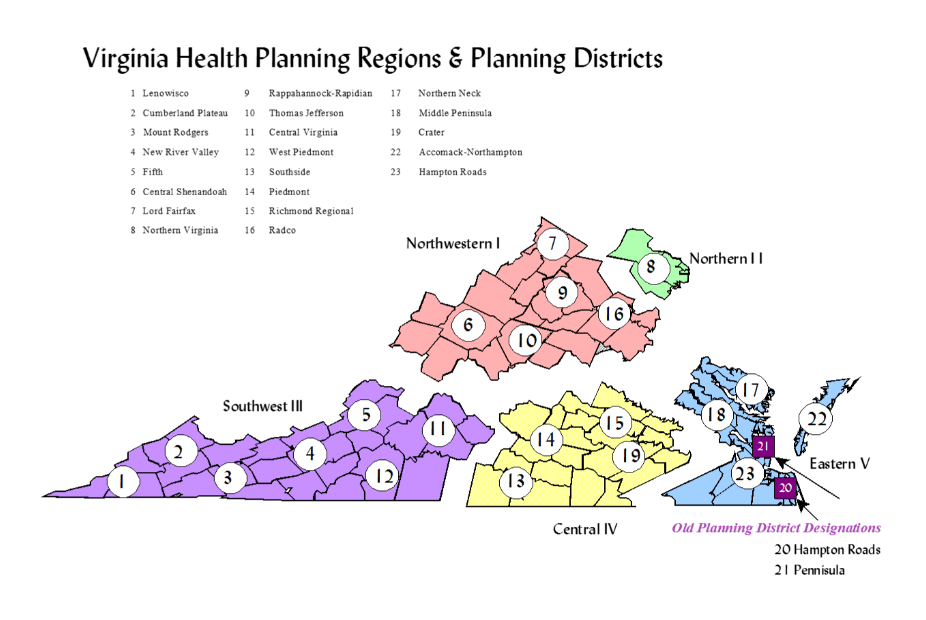 Map of Virginia Health Planning Districts. GMEC serves Planning Districts 1-3. 